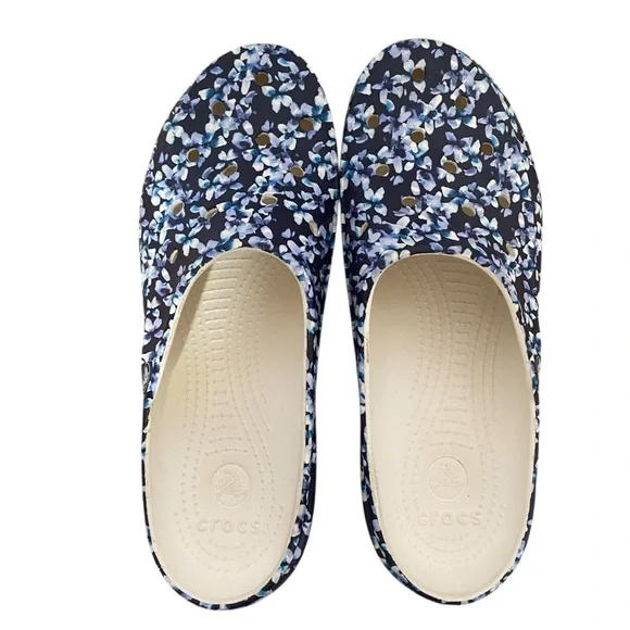 Crocs Classic Clogs Womens 10 Blue Floral Slip On Comfort Lightweight Shoes - Picture 1 of 6